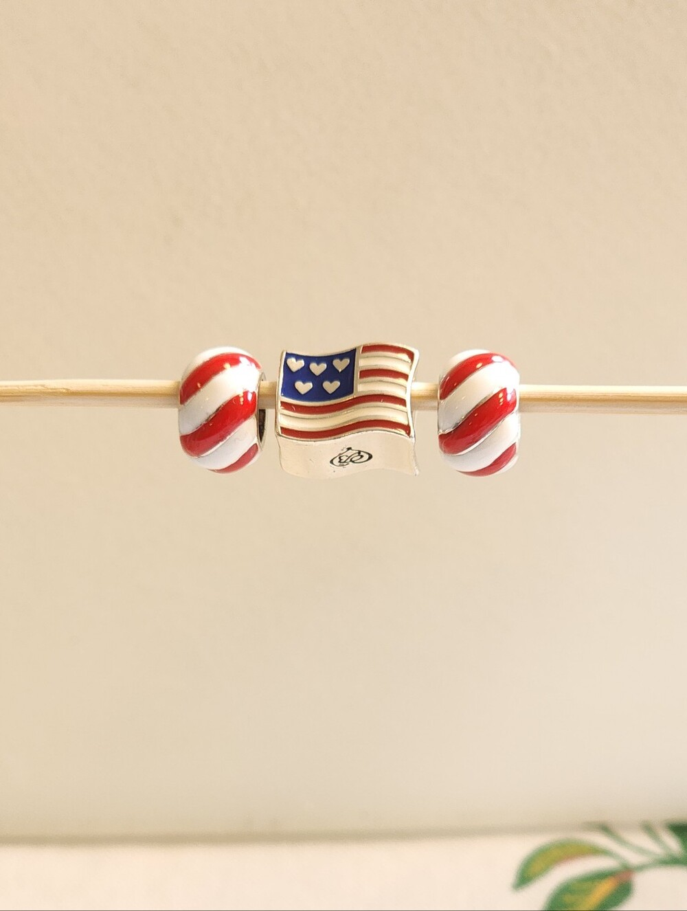 Patriotic Flag Charm & Red-White Striped Glass Beads